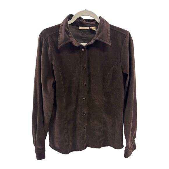 Analogy Women’s Brown Faux Suede Button-Up Shirt Size Large | Soft Feel Blouse - Picture 1 of 7